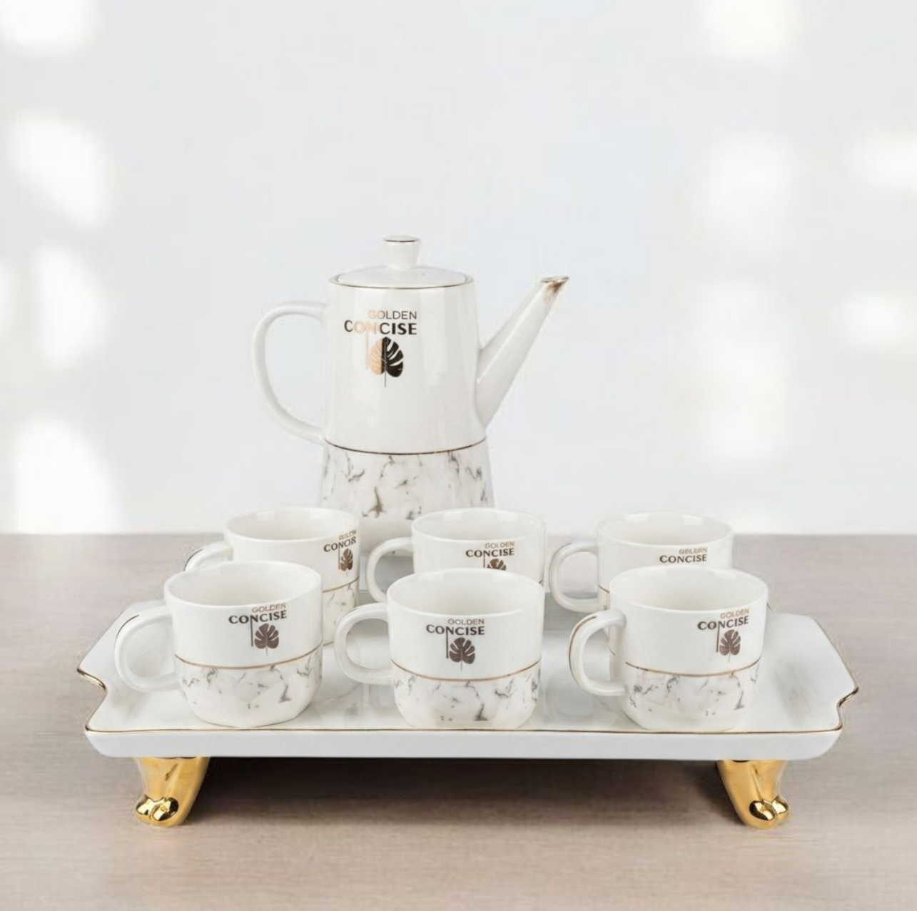 Golden Concise Marble Tea Set – 8 Piece