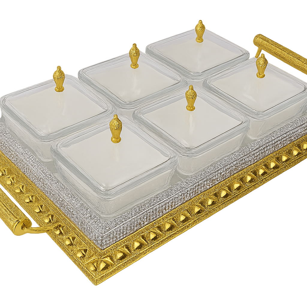 6-Compartment Dry Fruit & Snack Serving Tray – Silver & Gold Elegance