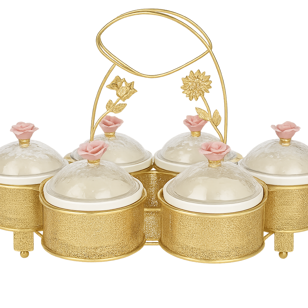 Luxury 6-Piece Dry Fruit & Snack Serving Set – Gold with Dome Lids