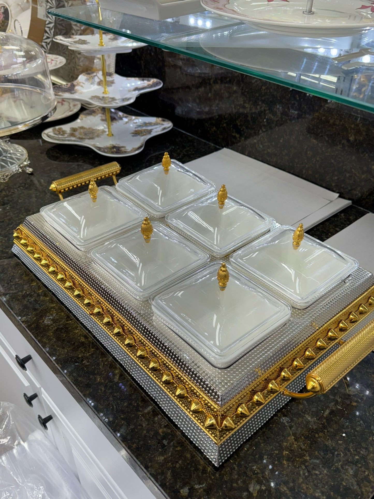6-Compartment Dry Fruit & Snack Serving Tray – Silver & Gold Elegance