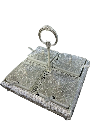 Silver 4-Compartment Spice & Condiment Set – Ornate Floral Design