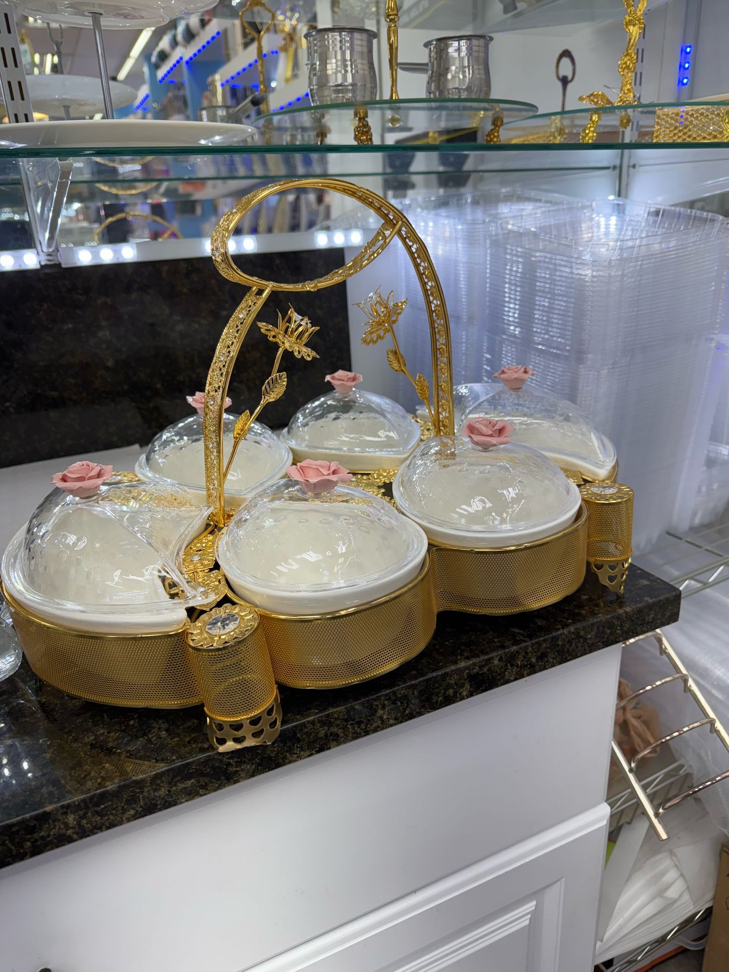 Luxury 6-Piece Dry Fruit & Snack Serving Set – Gold with Dome Lids