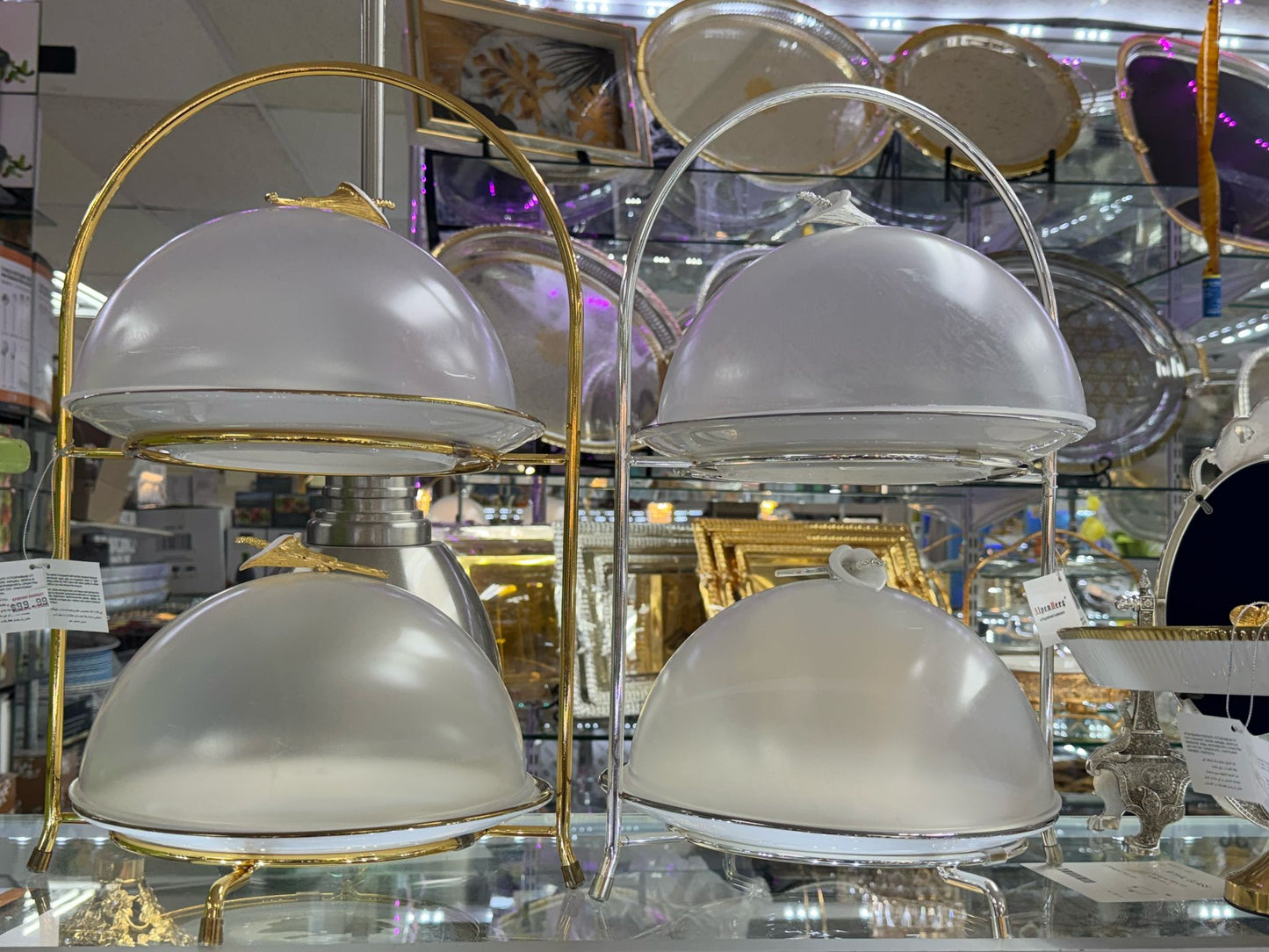2-Tier Covered Cake & Pastry Stand – Gold & Silver Trim