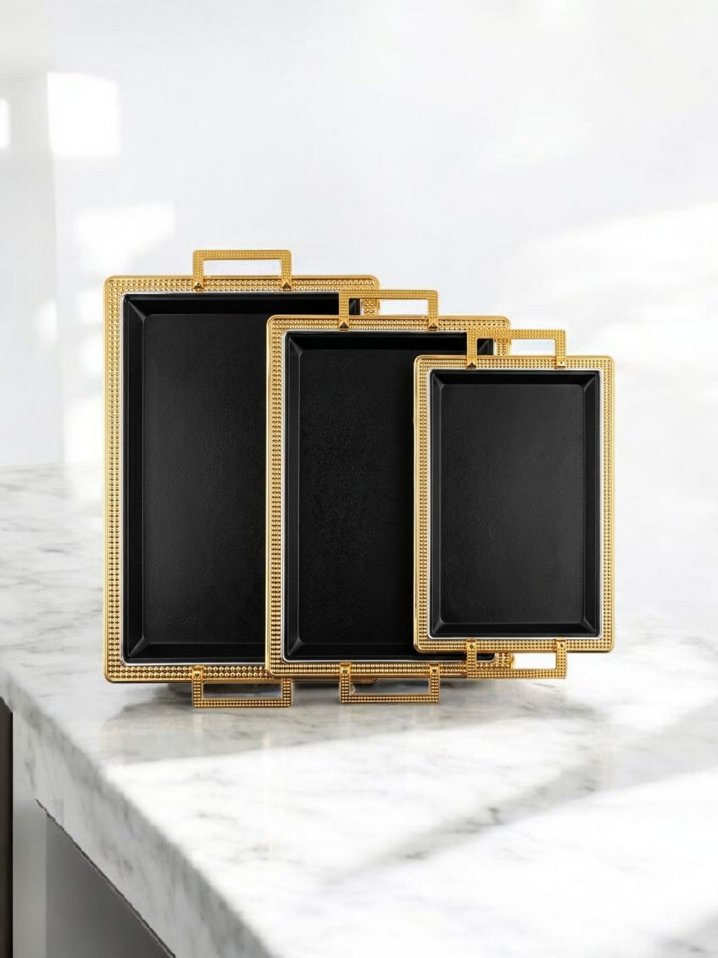 Luxury Black & Gold Decorative Serving Tray Set (3 Pieces)