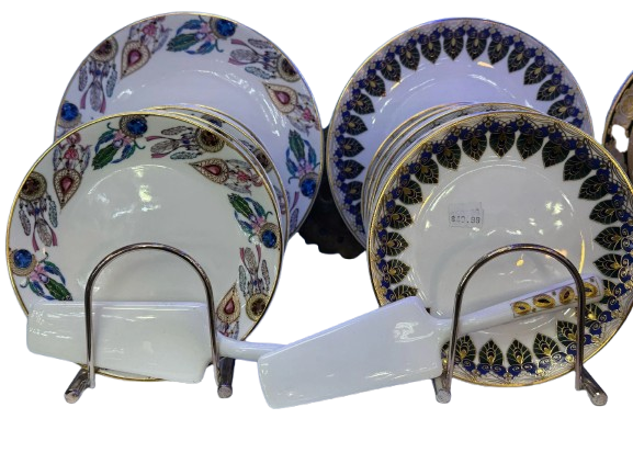 6-Piece Decorative Cake Plate Set with Server – Jewel & Leaf Designs