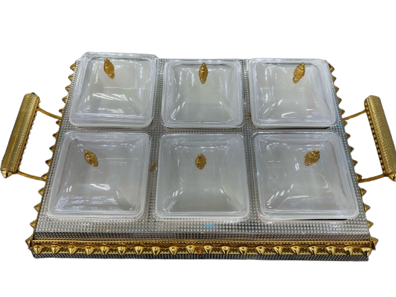 6-Compartment Dry Fruit & Snack Serving Tray – Silver & Gold Elegance