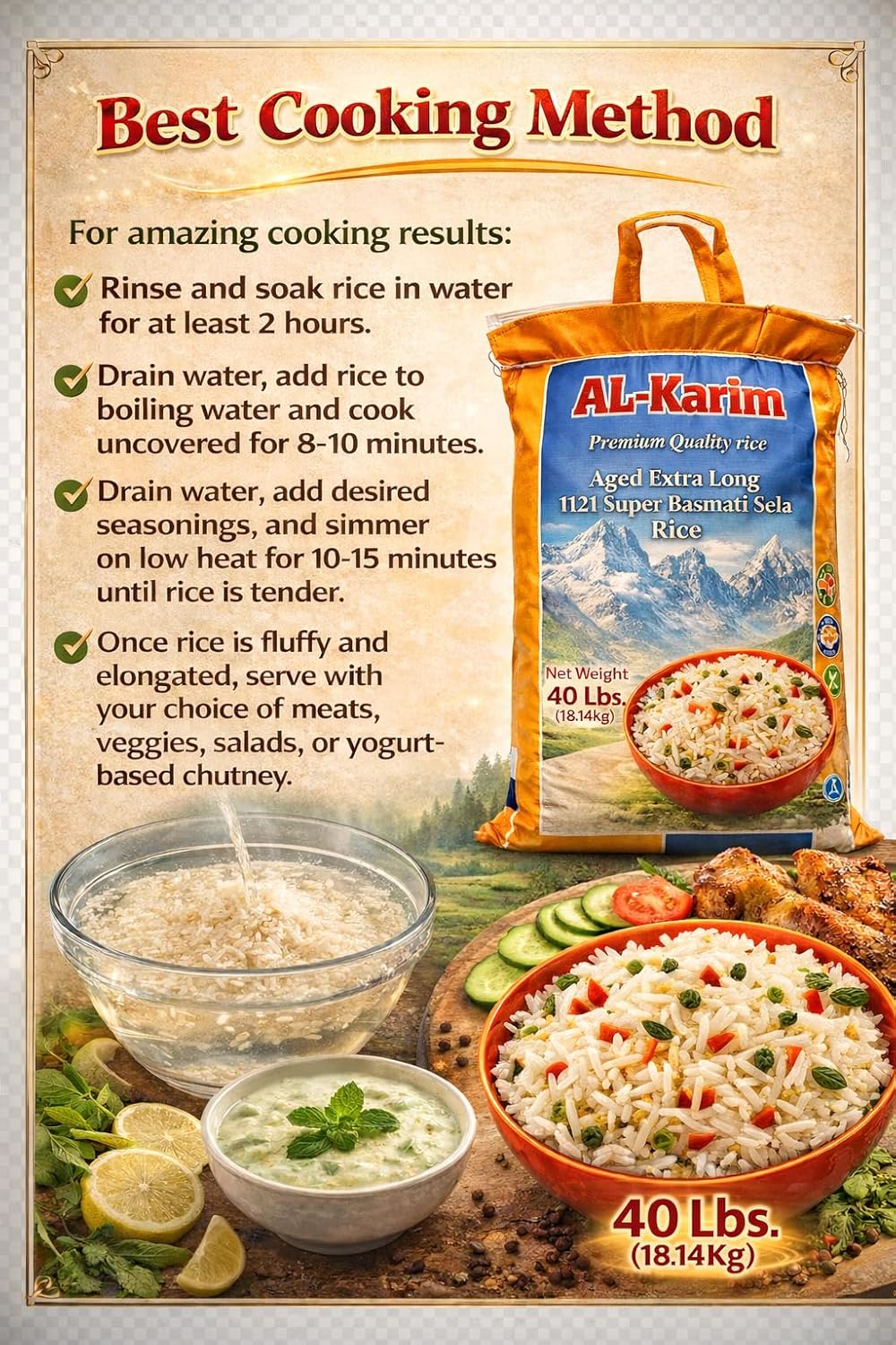 AL-Karim Premium Aged Extra Long 1121 Super Basmati Sela Rice, Naturally Aromatic Long-Grain Rice (40 Pound)