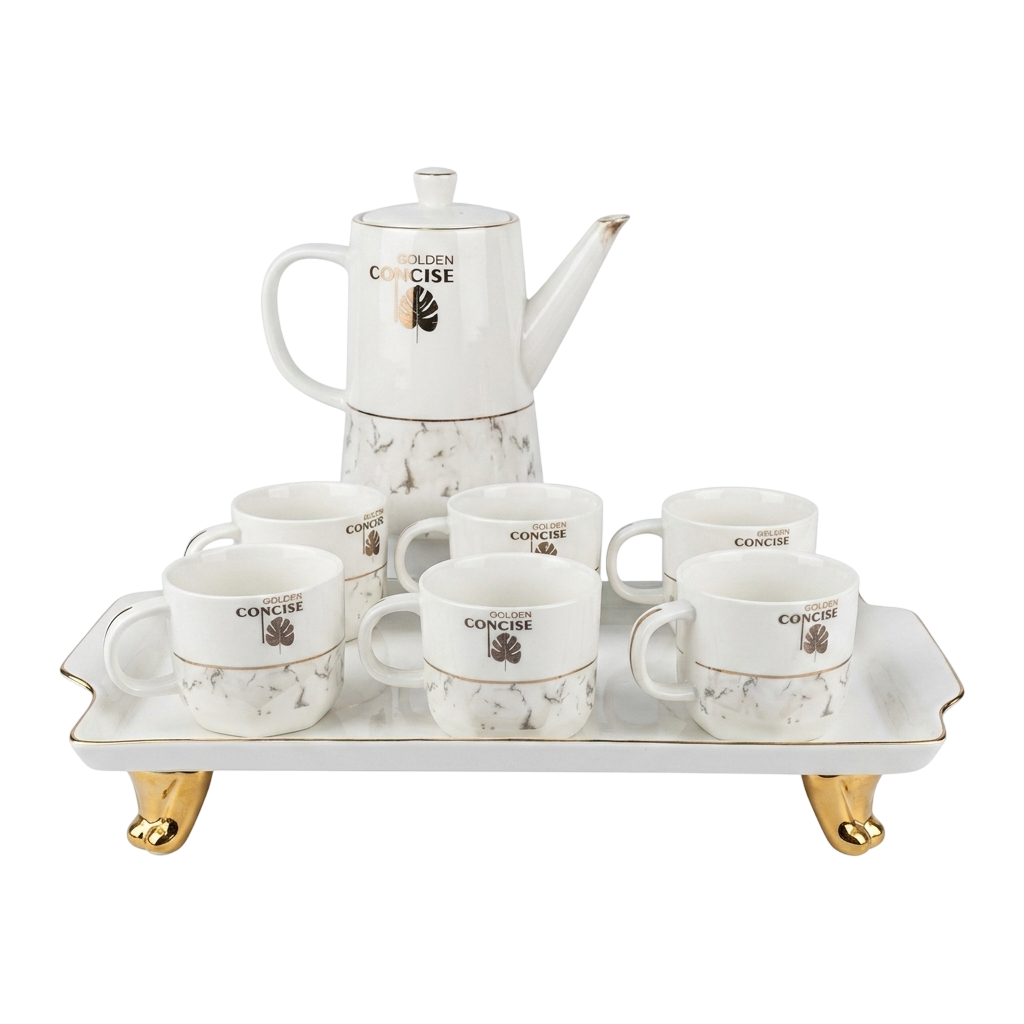 Golden Concise Marble Tea Set – 8 Piece