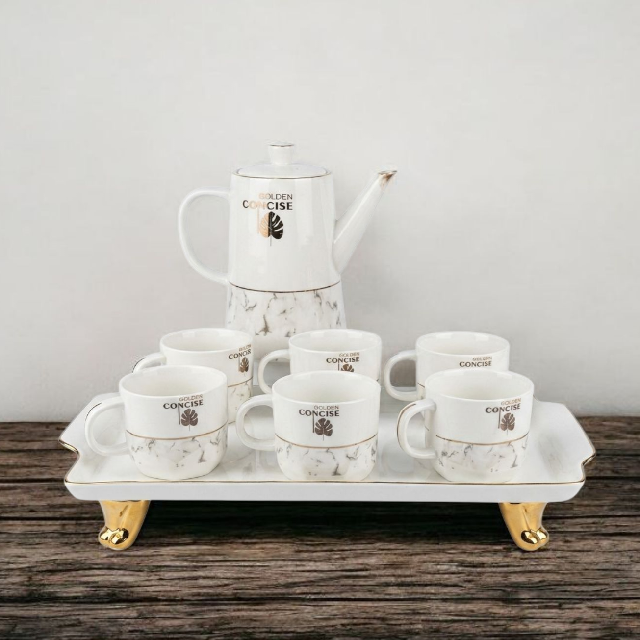 Golden Concise Marble Tea Set – 8 Piece