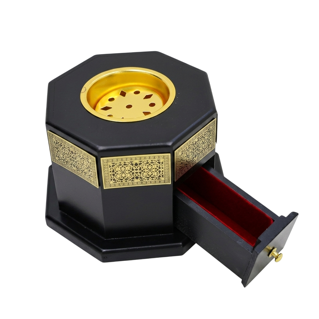 Decorative Black & Gold Bakhoor Incense Burner with Storage Drawer