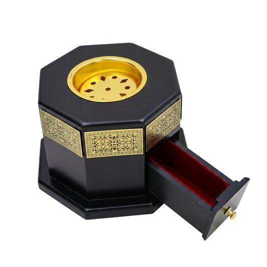 Decorative Black & Gold Bakhoor Incense Burner with Storage Drawer