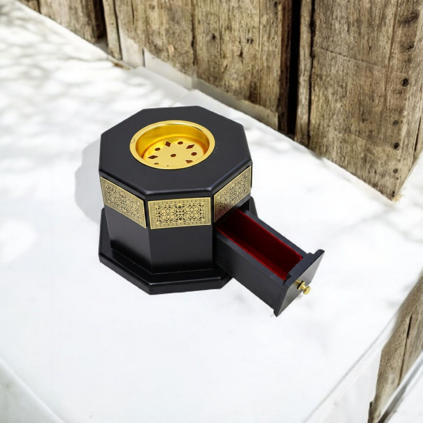 Decorative Black & Gold Bakhoor Incense Burner with Storage Drawer