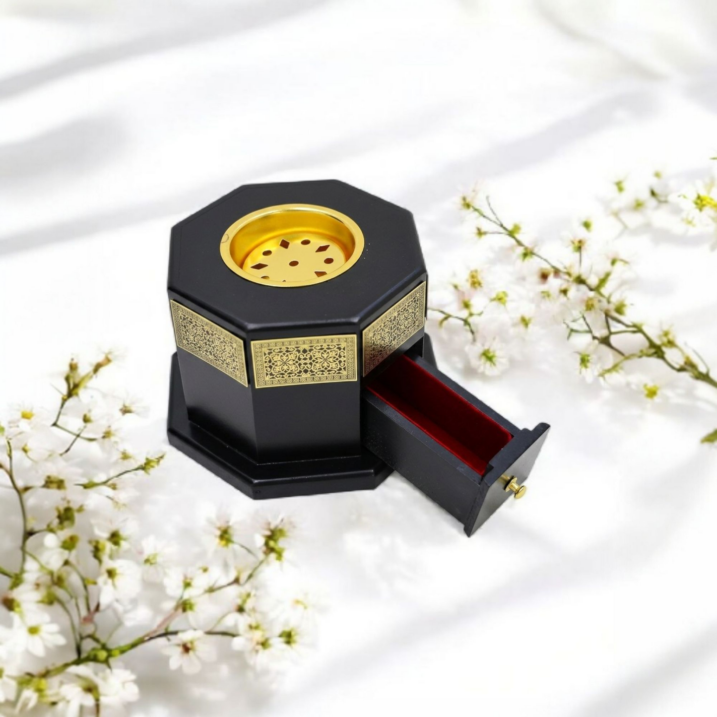Decorative Black & Gold Bakhoor Incense Burner with Storage Drawer