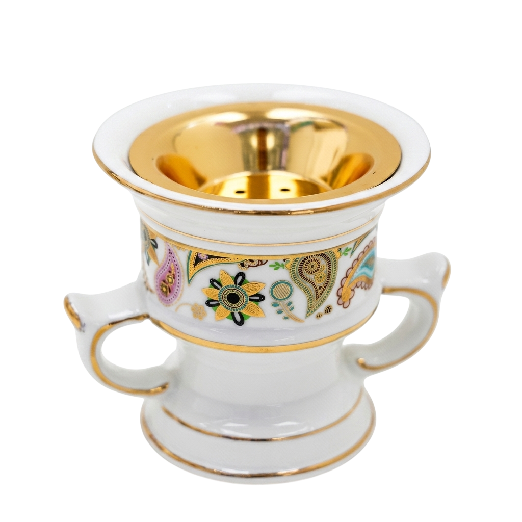 White Ceramic Bakhoor Incense Burner with Gold Floral Design