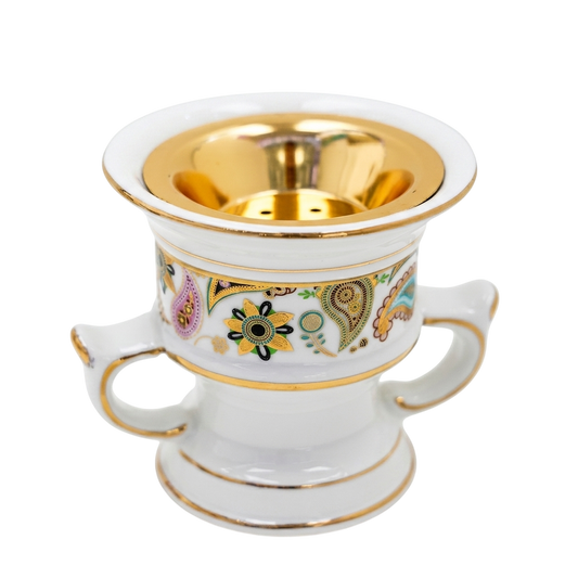 White Ceramic Bakhoor Incense Burner with Gold Floral Design