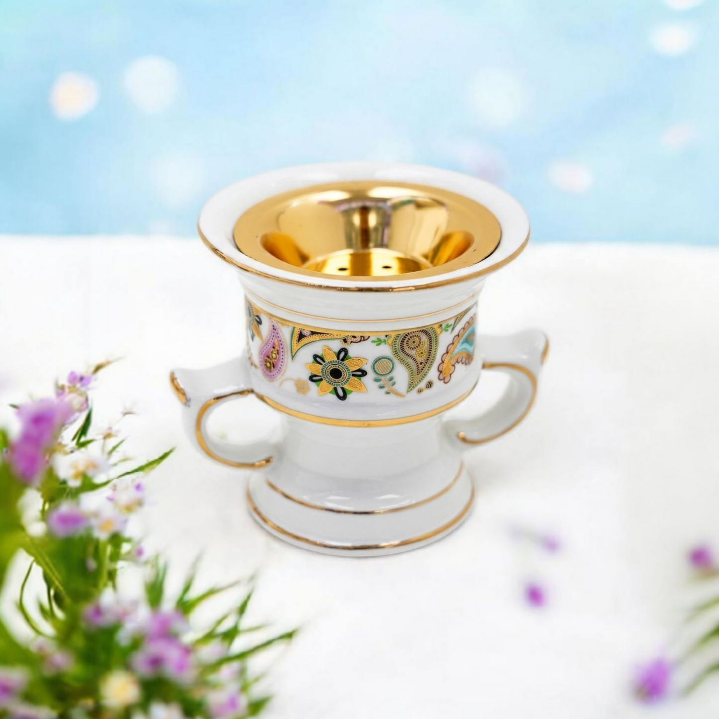 White Ceramic Bakhoor Incense Burner with Gold Floral Design