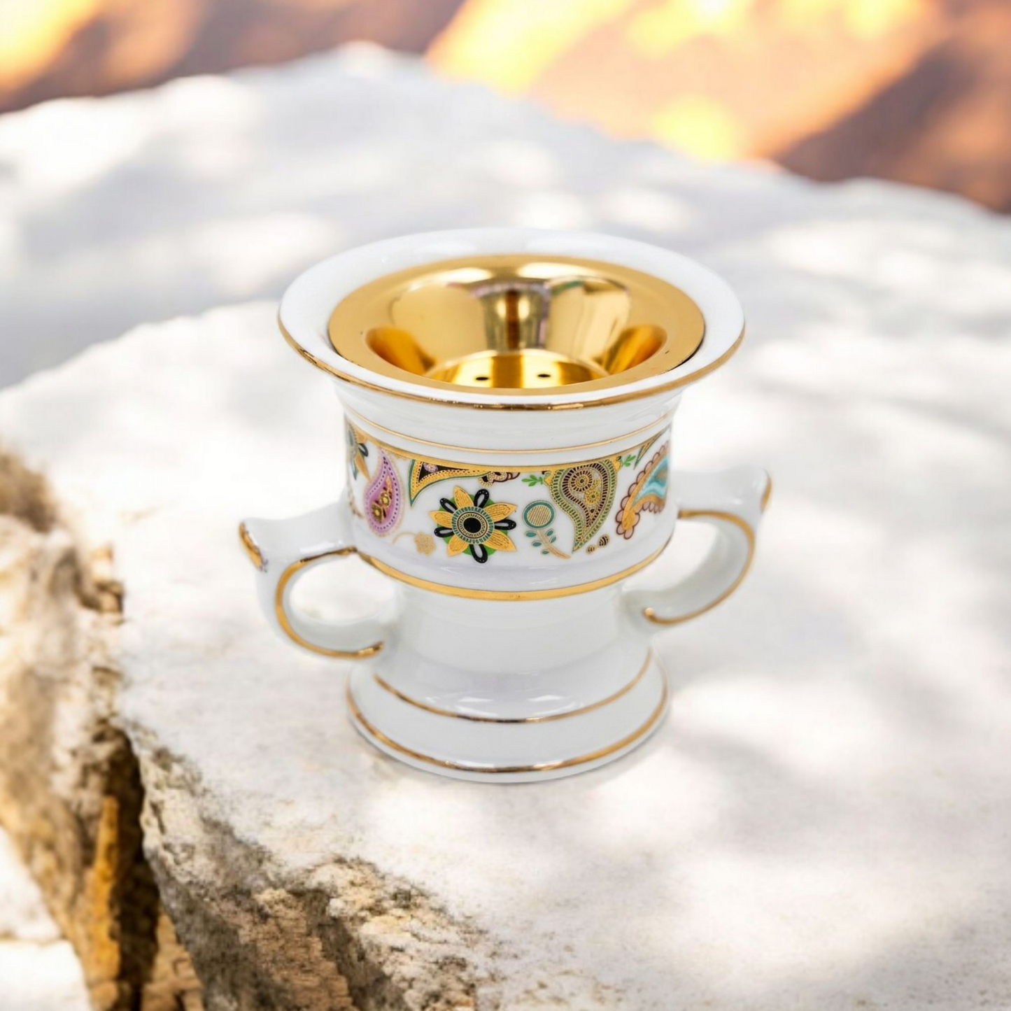 White Ceramic Bakhoor Incense Burner with Gold Floral Design