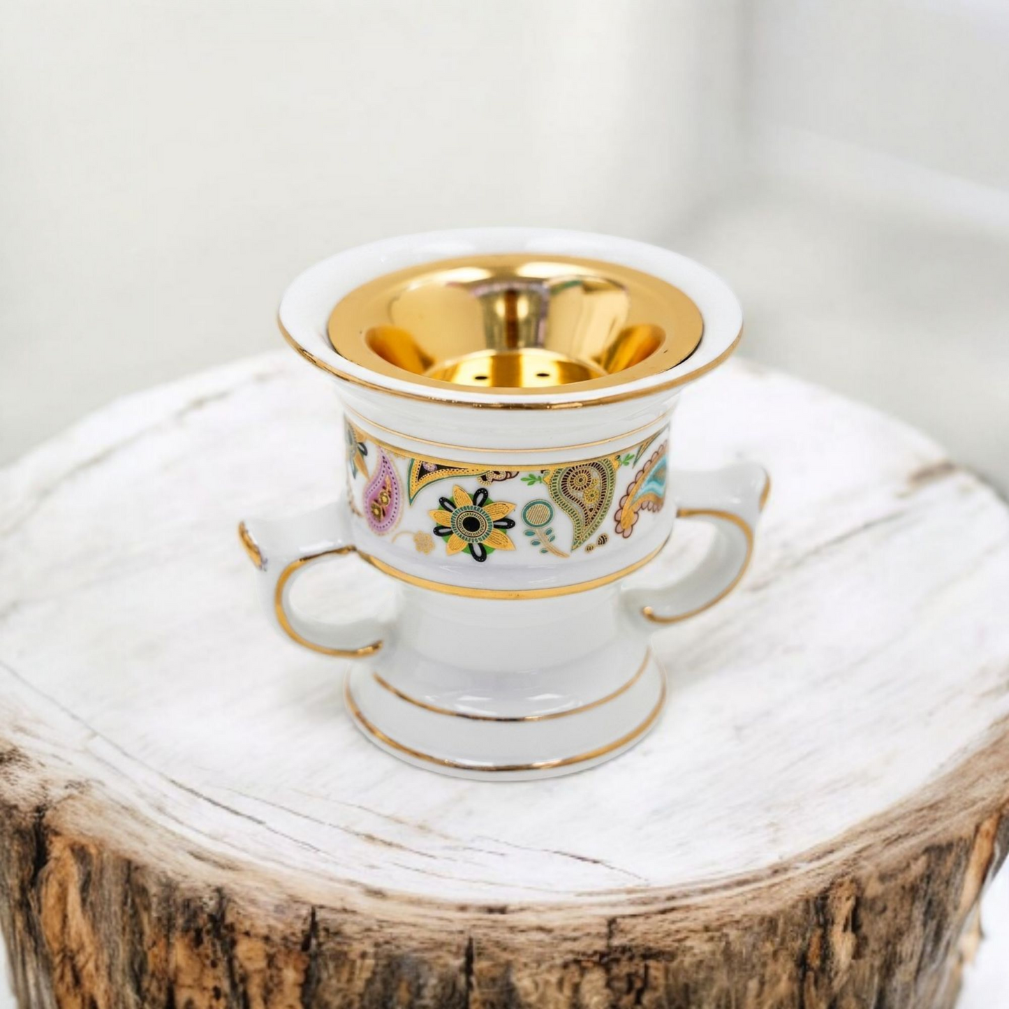 White Ceramic Bakhoor Incense Burner with Gold Floral Design