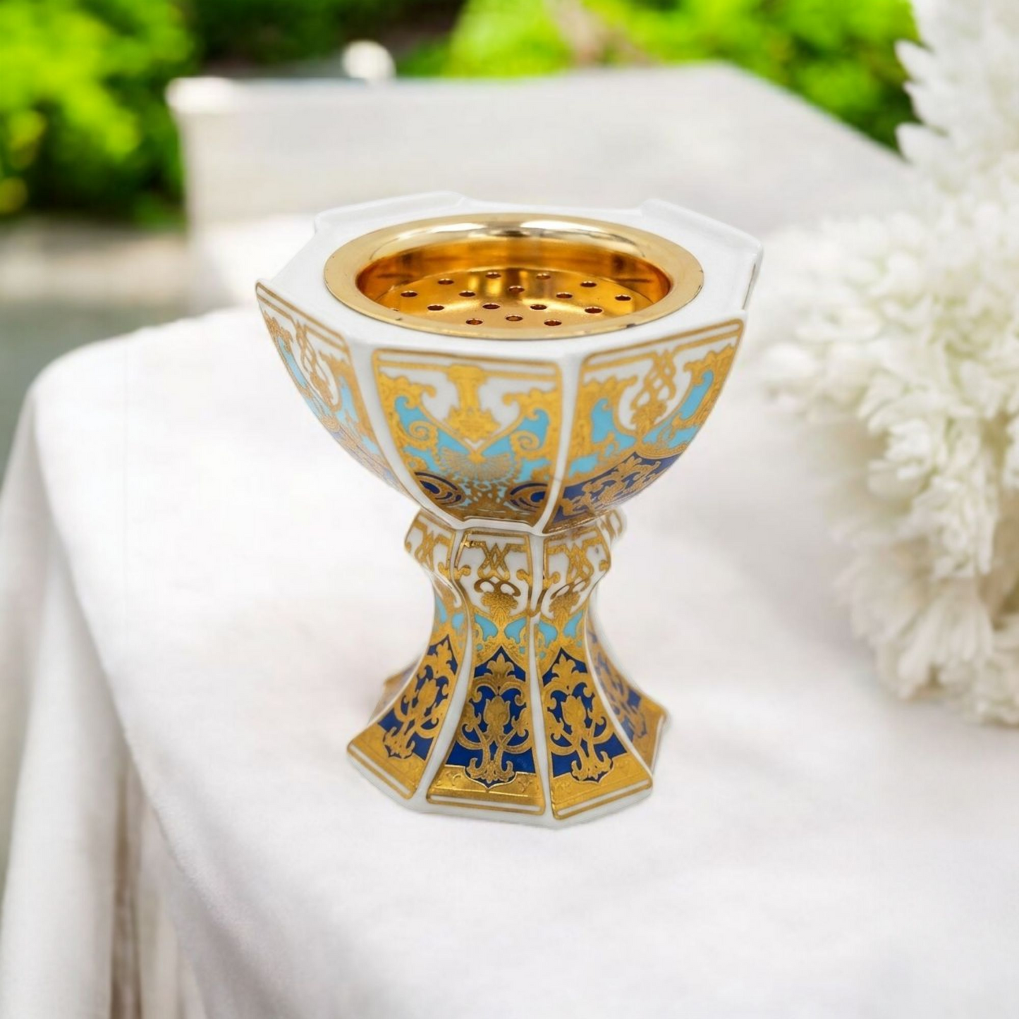 White, Blue & Gold Decorative Bakhoor Incense Burner