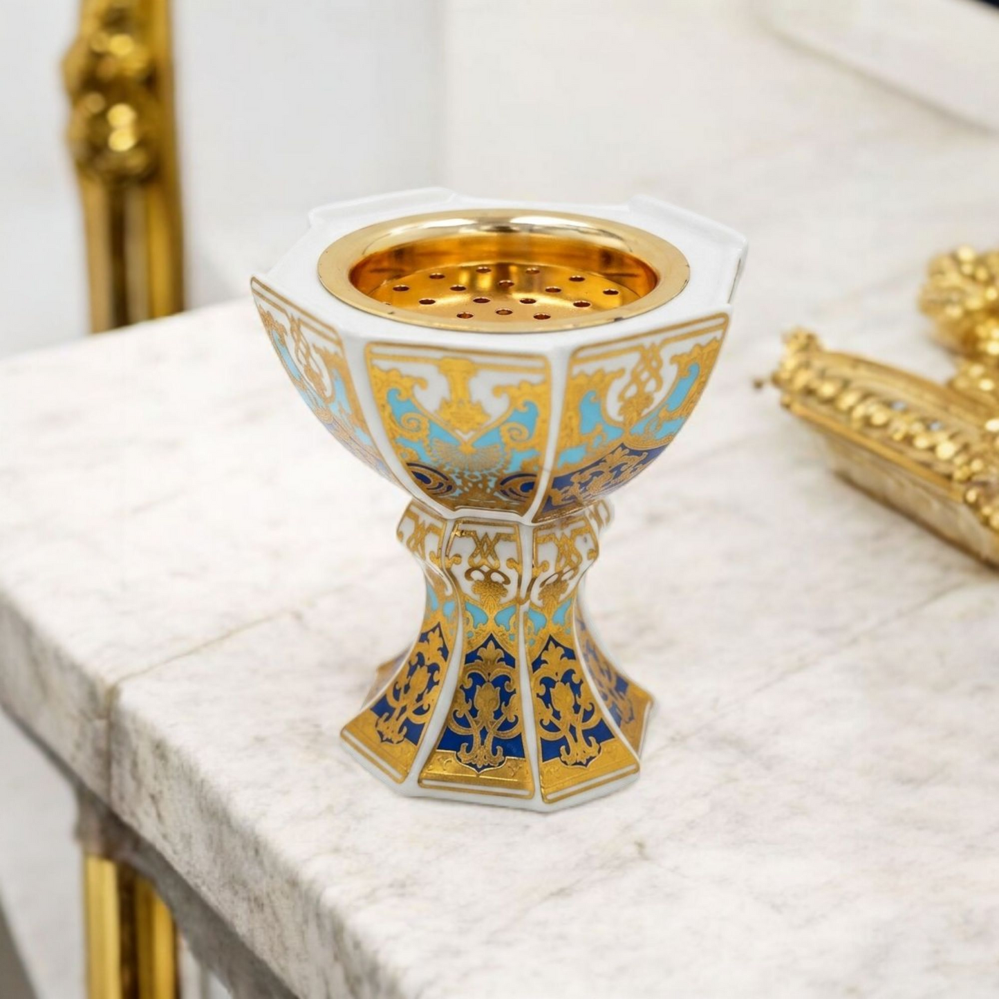 White, Blue & Gold Decorative Bakhoor Incense Burner