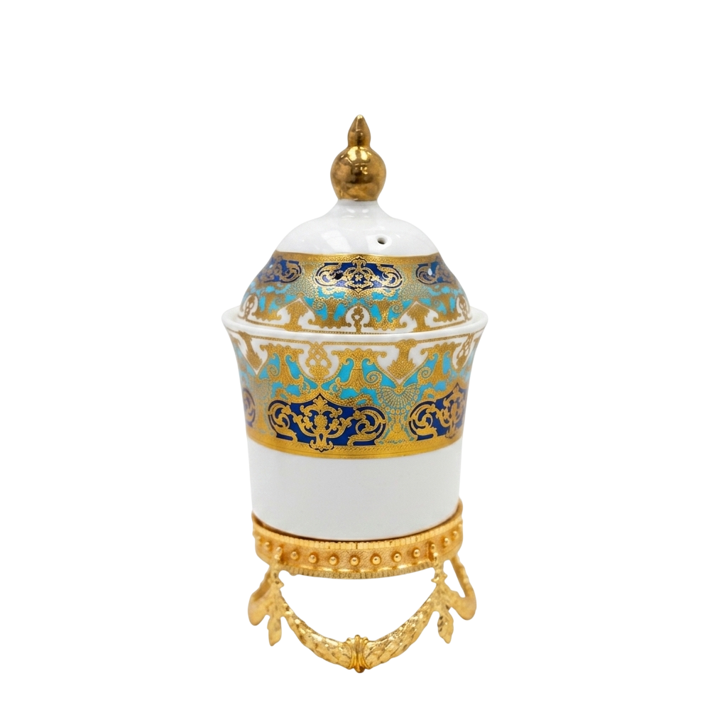 White, Blue & Gold Ceramic Bakhoor Burner with Decorative Lid