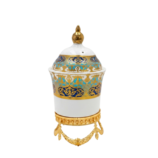 White, Blue & Gold Ceramic Bakhoor Burner with Decorative Lid