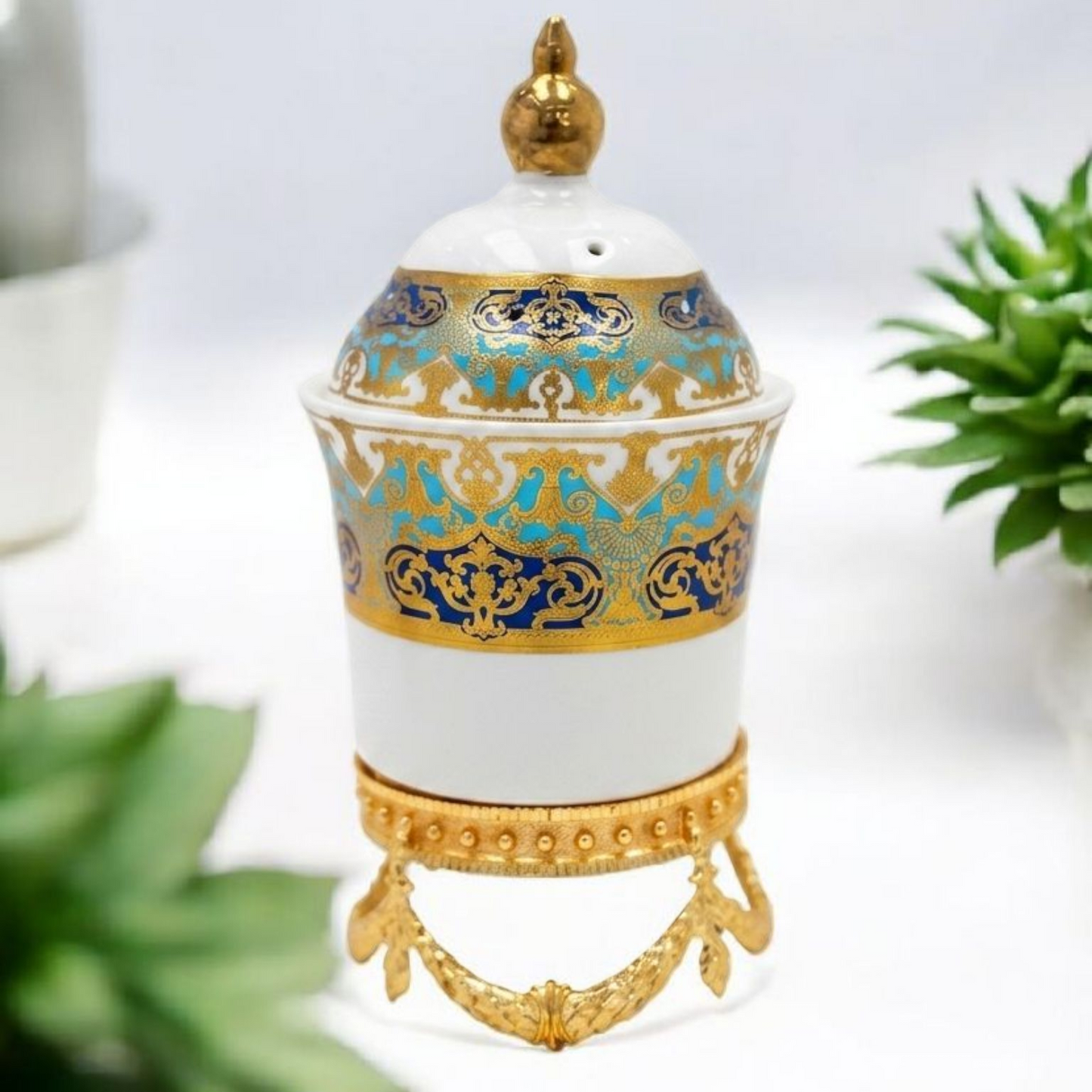 White, Blue & Gold Ceramic Bakhoor Burner with Decorative Lid