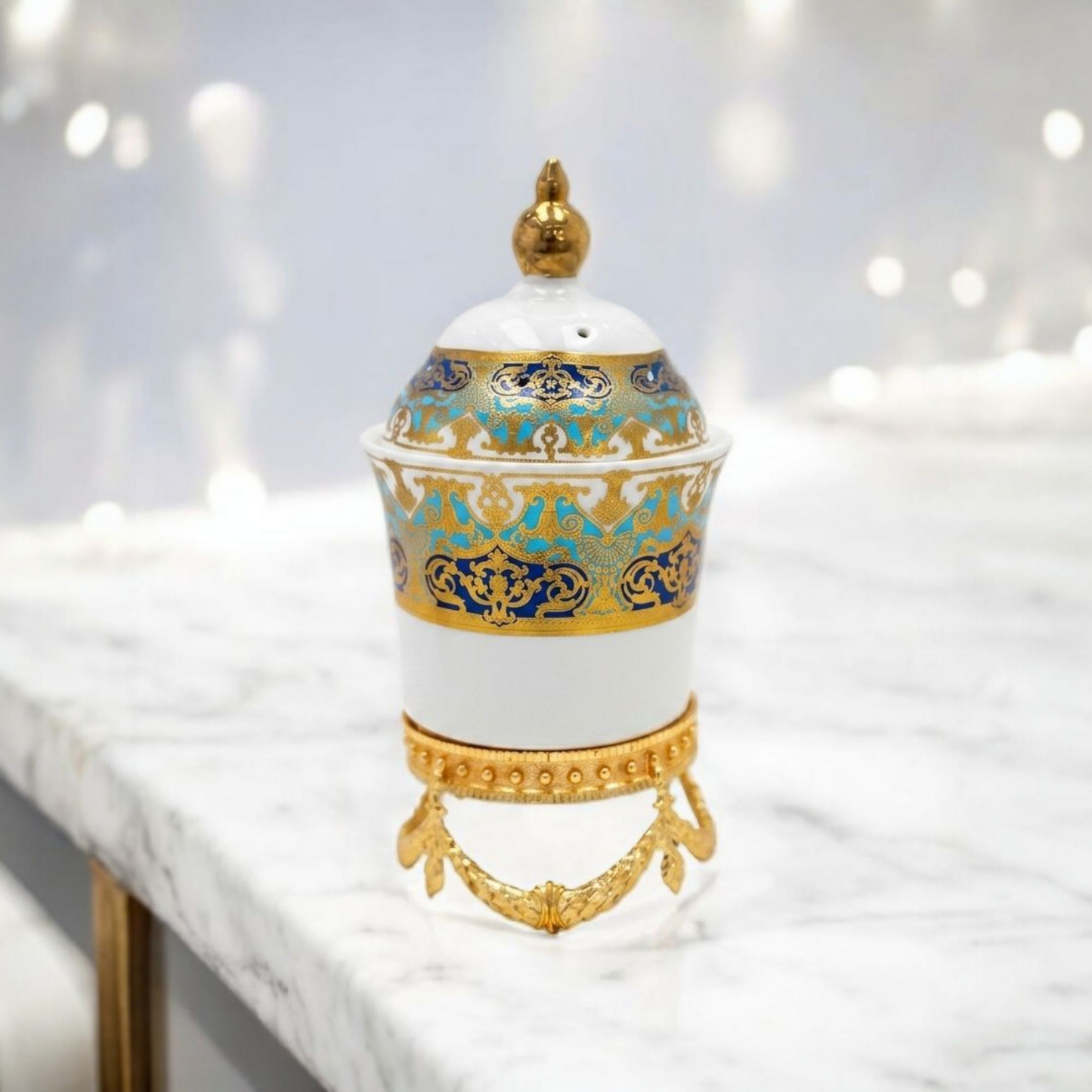 White, Blue & Gold Ceramic Bakhoor Burner with Decorative Lid