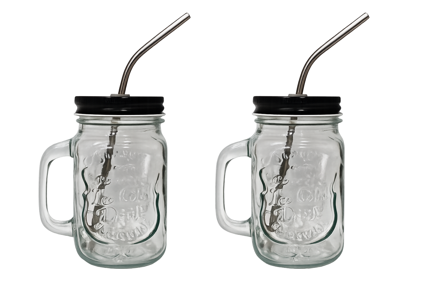 Pair of 2 Vintage Glass Mason Jar Mug with Stainless Steel Straw & Lid (16 oz)