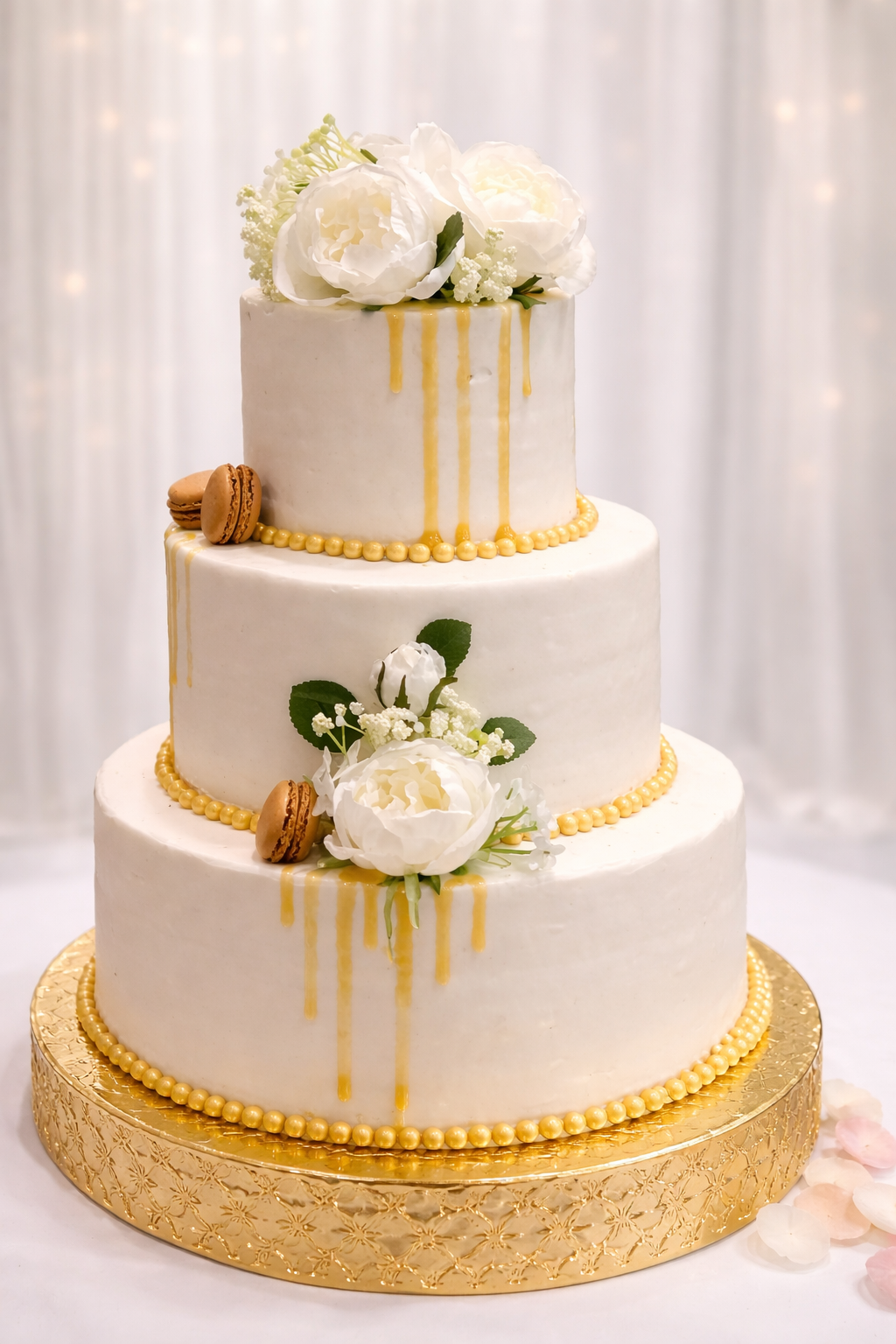 Golden Drip Elegance 3-Tier Wedding Cake ($9 per person)