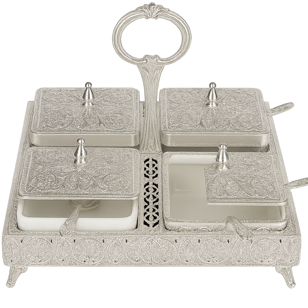 Silver 4-Compartment Spice & Condiment Set – Ornate Floral Design
