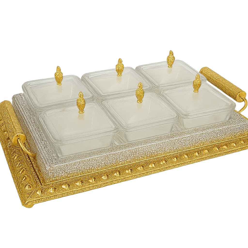 6-Compartment Dry Fruit & Snack Serving Tray – Silver & Gold Elegance