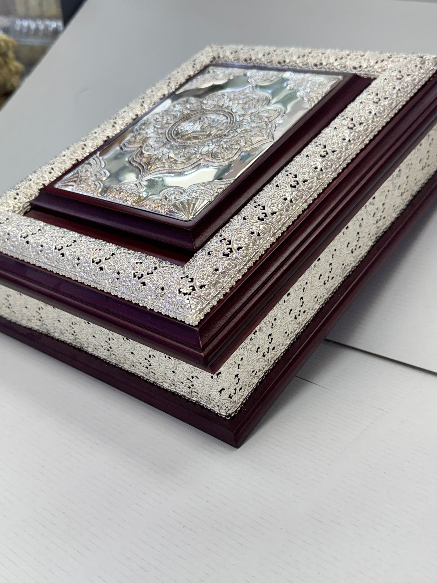 Luxury Silver Embossed Quran Box Set with Wooden Finish