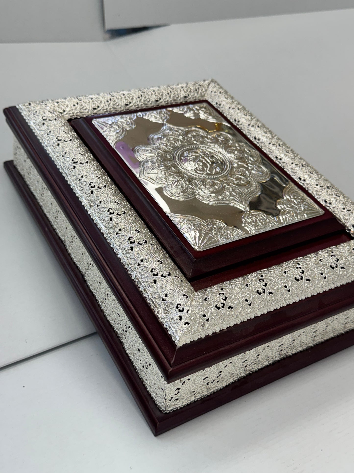Luxury Silver Embossed Quran Box Set with Wooden Finish