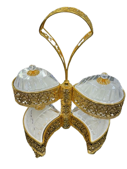 Royal Crystal Dry Fruit Serving Set – 4 Compartments with Gold Frame