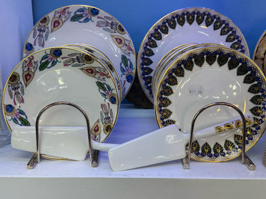 6-Piece Decorative Cake Plate Set with Server – Jewel & Leaf Designs