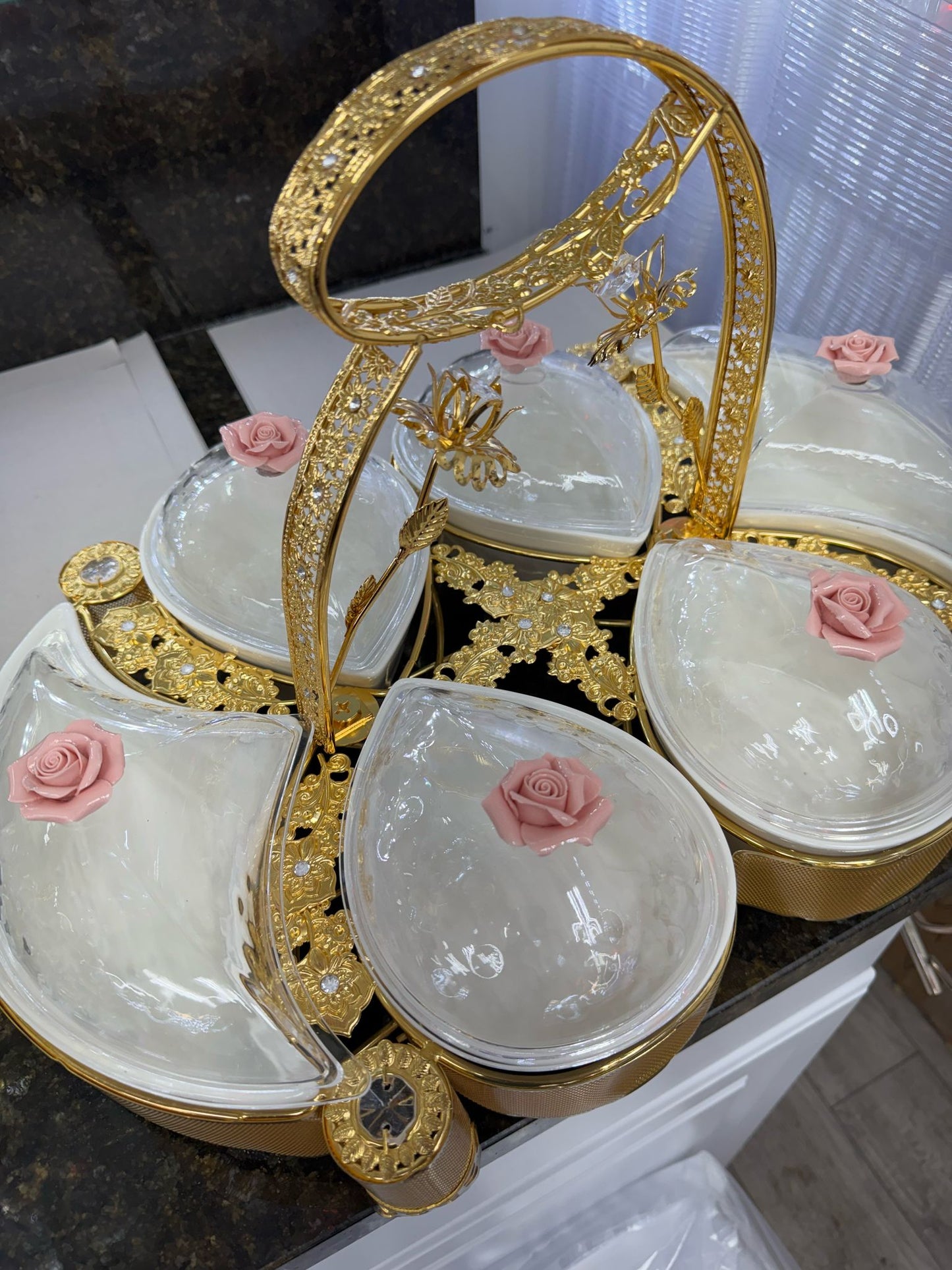 Luxury 6-Piece Dry Fruit & Snack Serving Set – Gold with Dome Lids