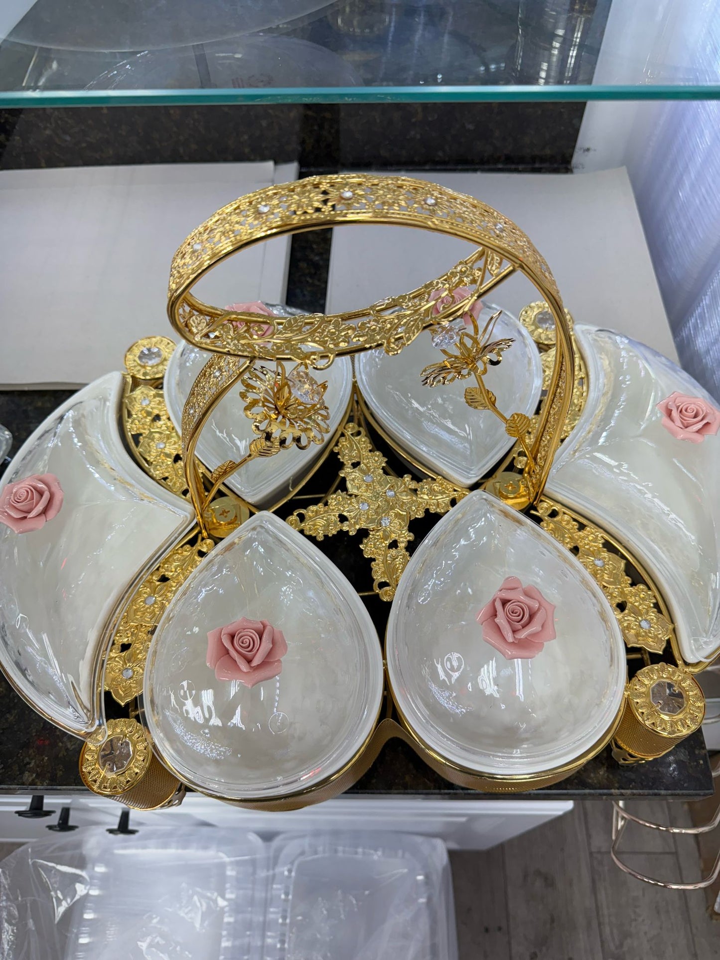 Luxury 6-Piece Dry Fruit & Snack Serving Set – Gold with Dome Lids