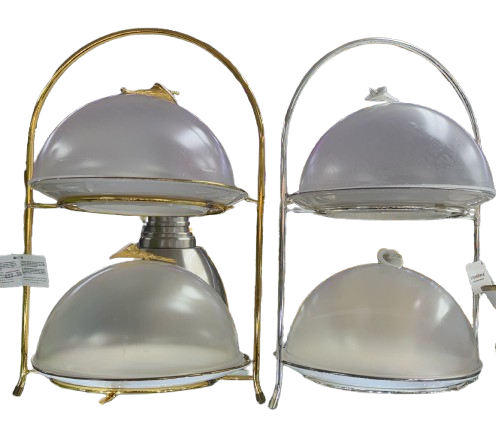 2-Tier Covered Cake & Pastry Stand – Gold & Silver Trim