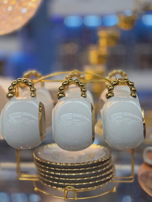 Luxury Espresso Cup & Saucer Set with Gold Stand – 6 Piece Porcelain Coffee Set