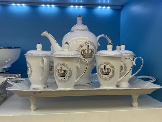 Royal Crown Porcelain Tea Set – 6 Piece Serving Set with Tray