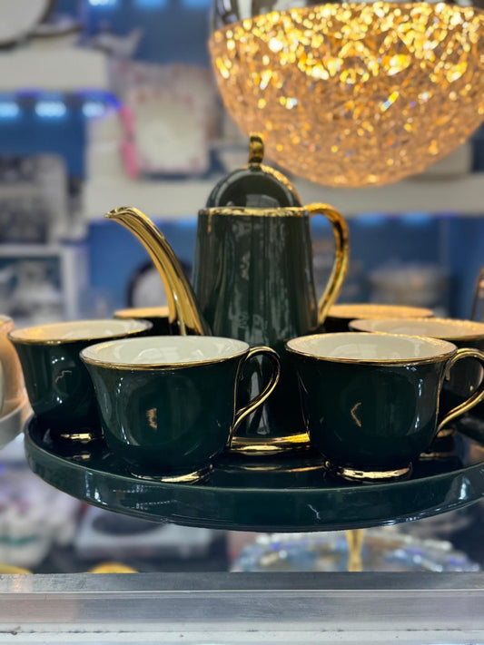 Emerald Gold Porcelain Tea Set – Elegant Teapot & Cup Set with Serving Tray