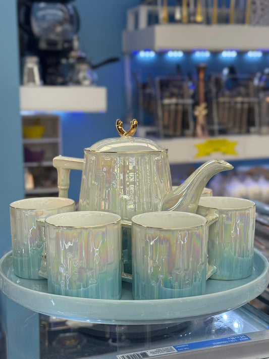 Aurora Iridescent Tea Set – Porcelain Teapot & Cups with Serving Tray