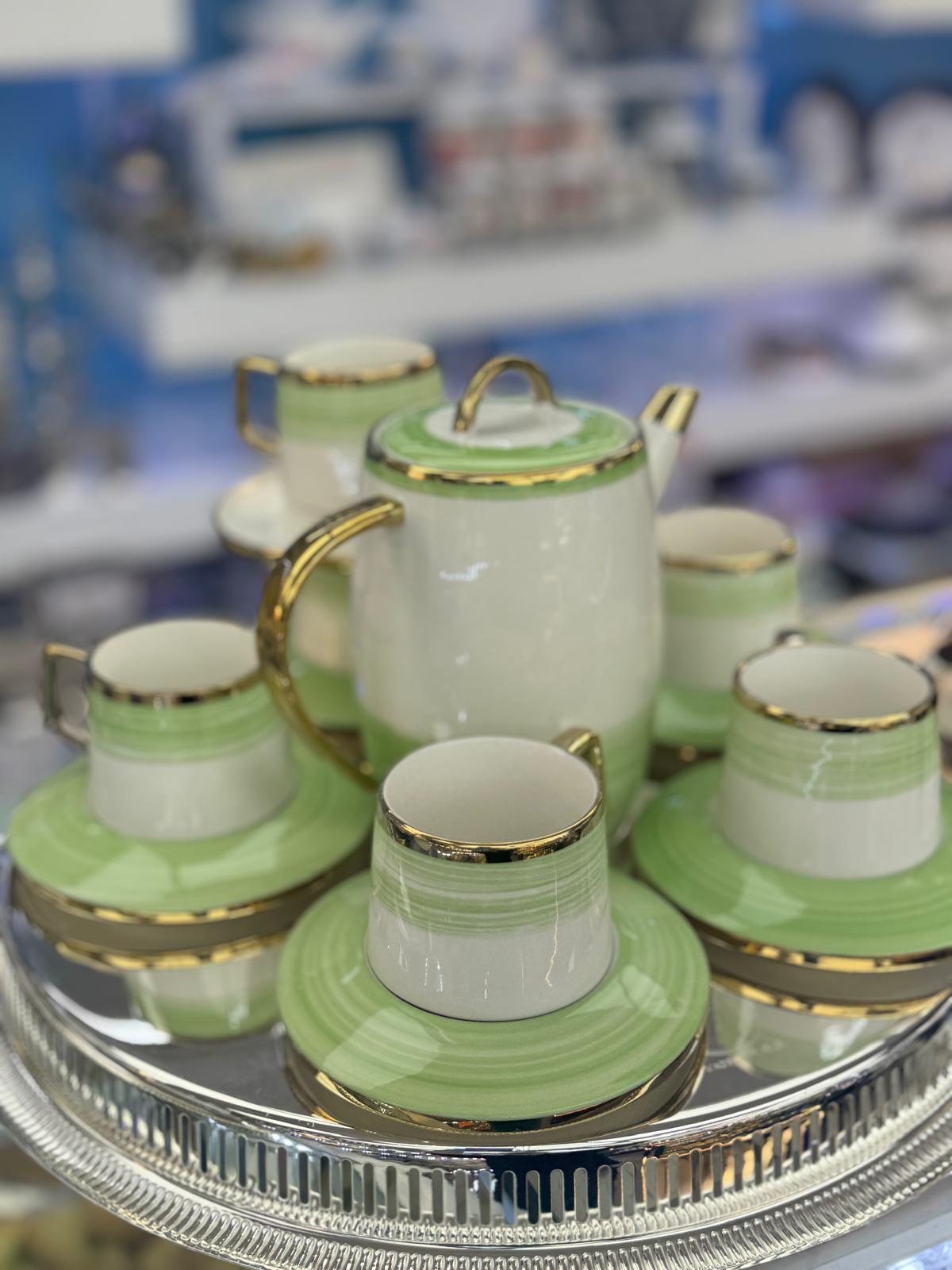 Pistachio Green Gold Trim Tea Set – Porcelain Teapot & Cup Set with Saucers