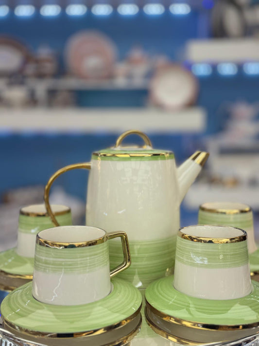 Pistachio Green Gold Trim Tea Set – Porcelain Teapot & Cup Set with Saucers