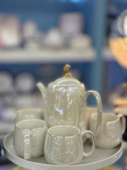 Pearl White Porcelain Tea Set – Elegant Teapot & Cup Set with Serving Tray