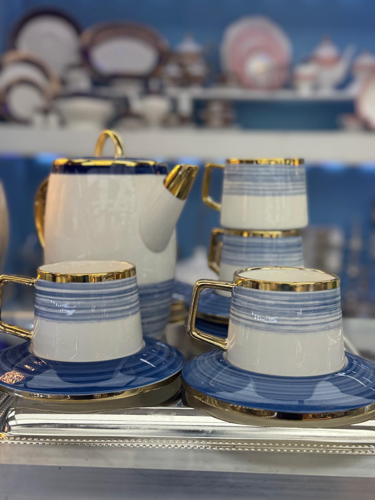Royal Blue Gold Trim Tea Set – Porcelain Teapot & Cup Set with Saucers