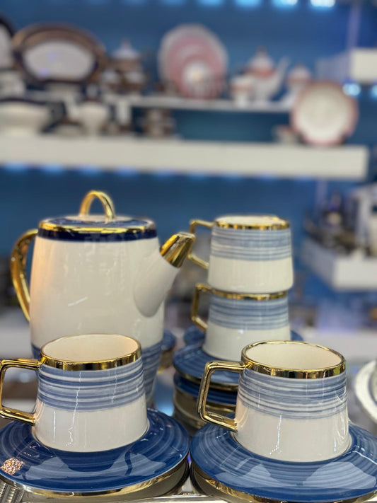Royal Blue Gold Trim Tea Set – Porcelain Teapot & Cup Set with Saucers