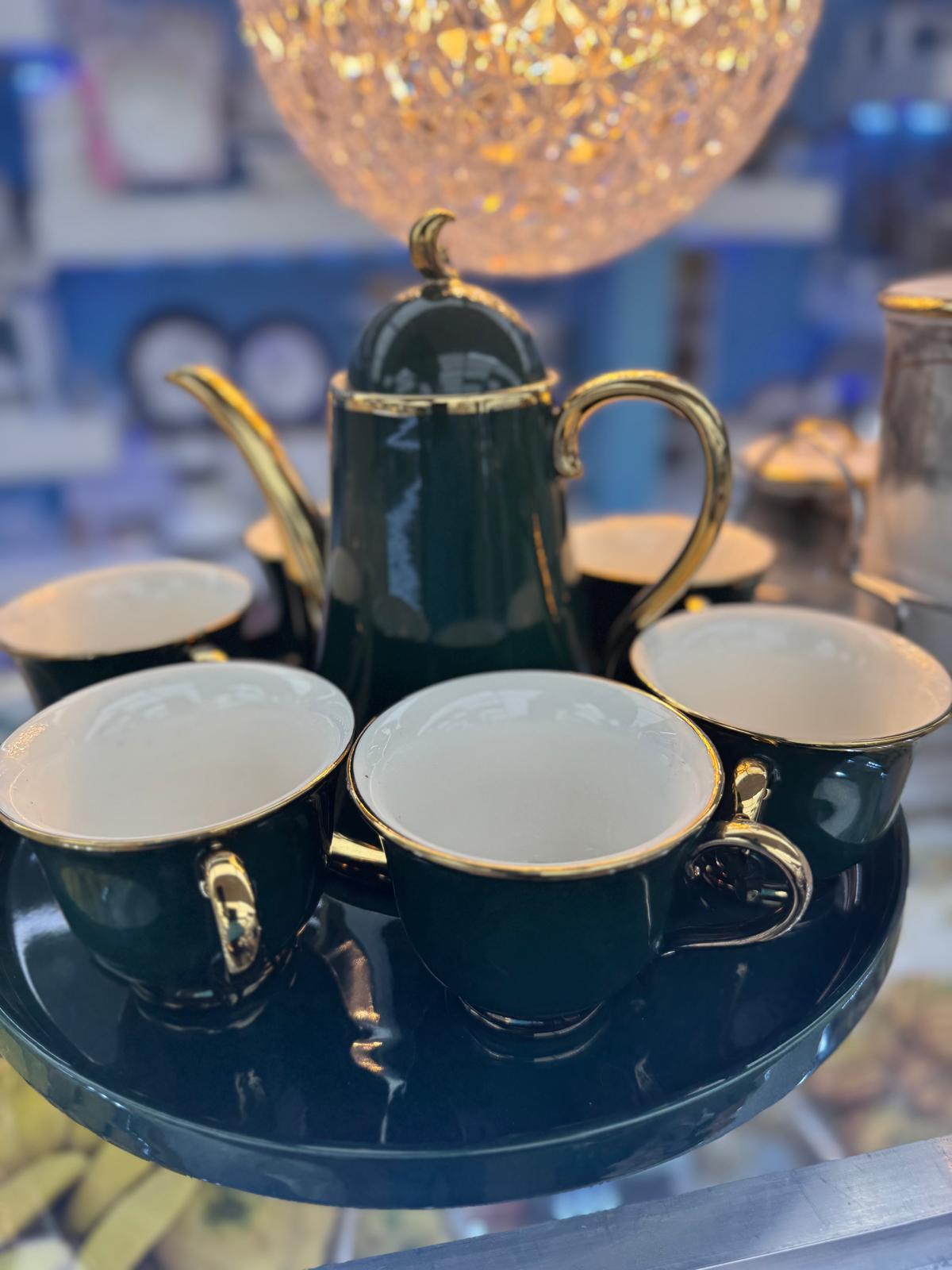 Emerald Gold Porcelain Tea Set – Elegant Teapot & Cup Set with Serving Tray