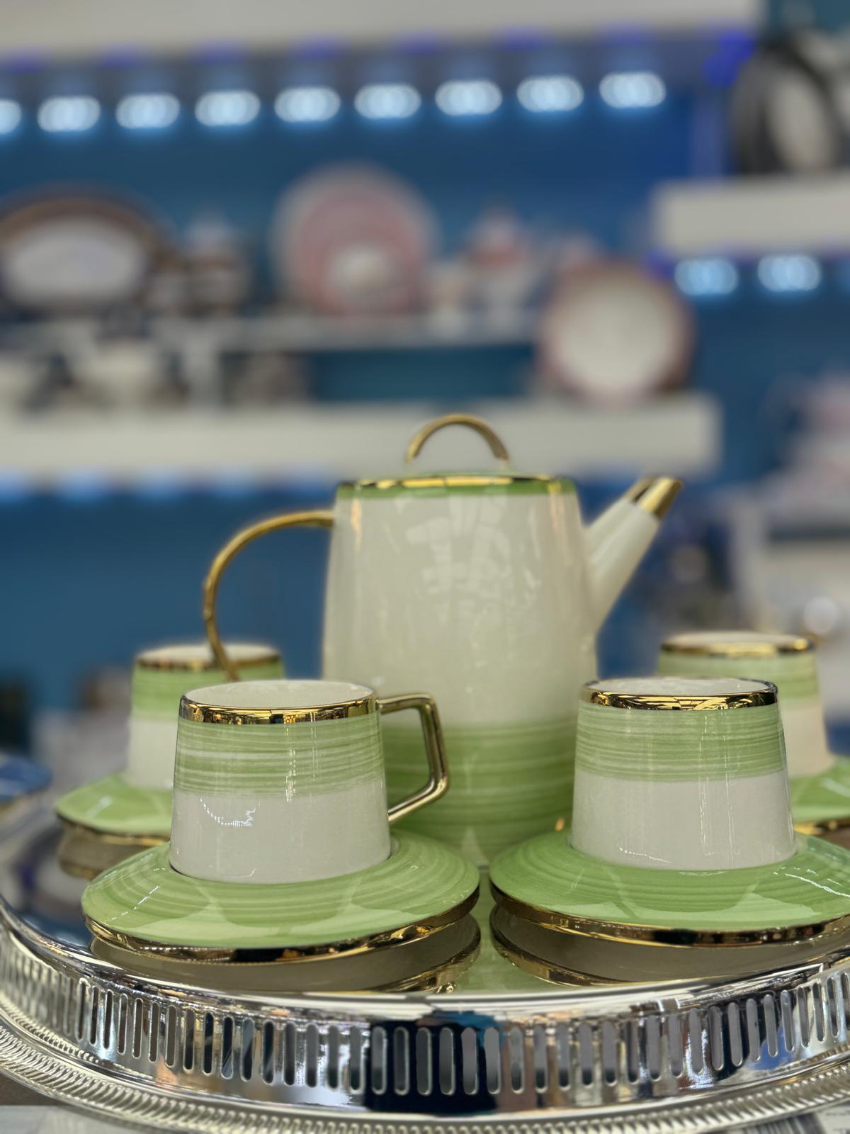 Pistachio Green Gold Trim Tea Set – Porcelain Teapot & Cup Set with Saucers